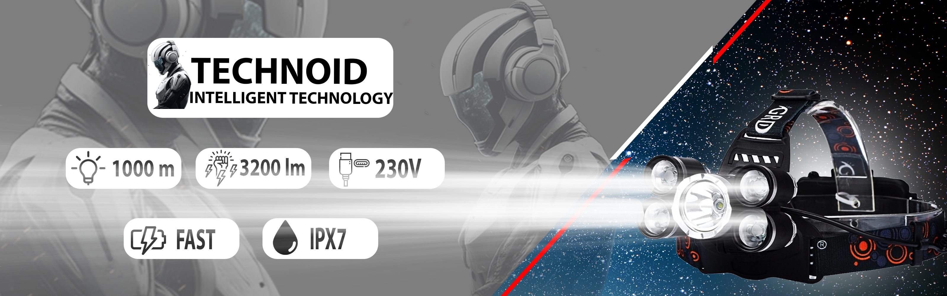 Latarka czołowa Technoid 3200L z pięcioma diodami LED - baner produktowy